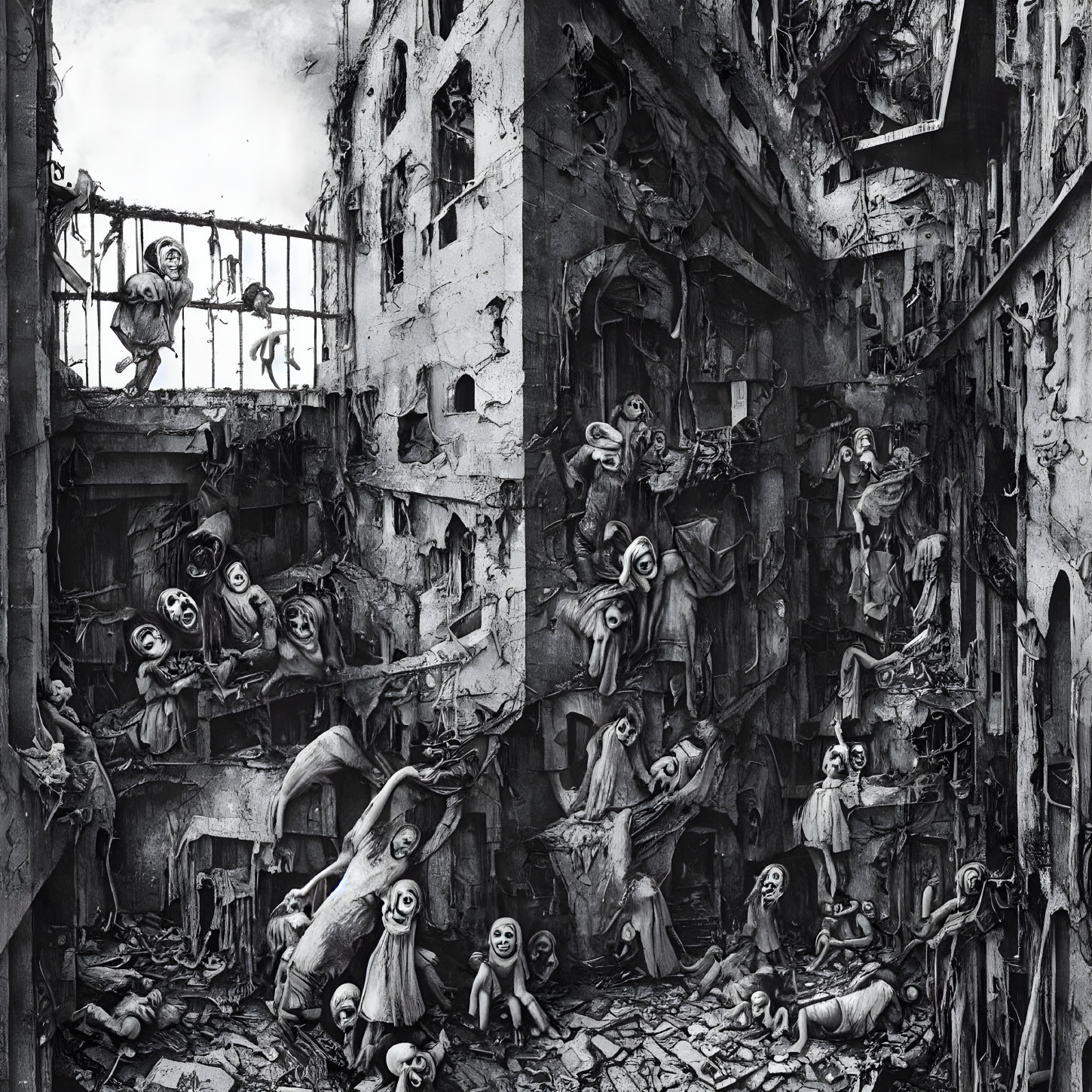 Monochrome illustration of rundown building with cartoonish figures in chaotic, haunting scene