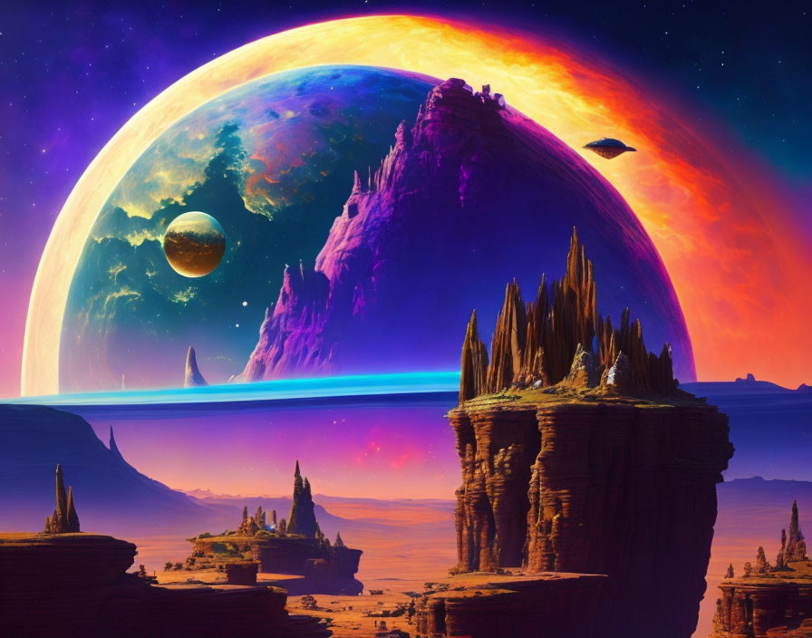 Colorful alien planet with towering rocks, spaceship, and moon in sci-fi landscape