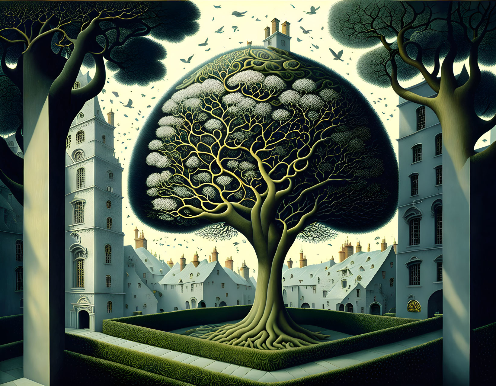 Surreal artwork: large brain-shaped tree in gothic setting