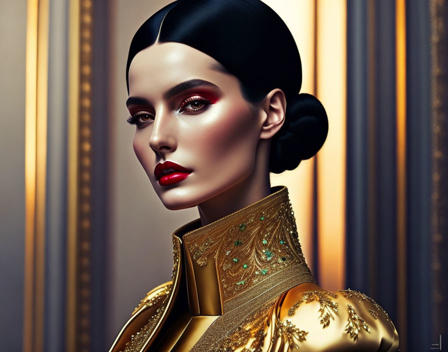 Stylized portrait of woman with sleek hair and striking red lips