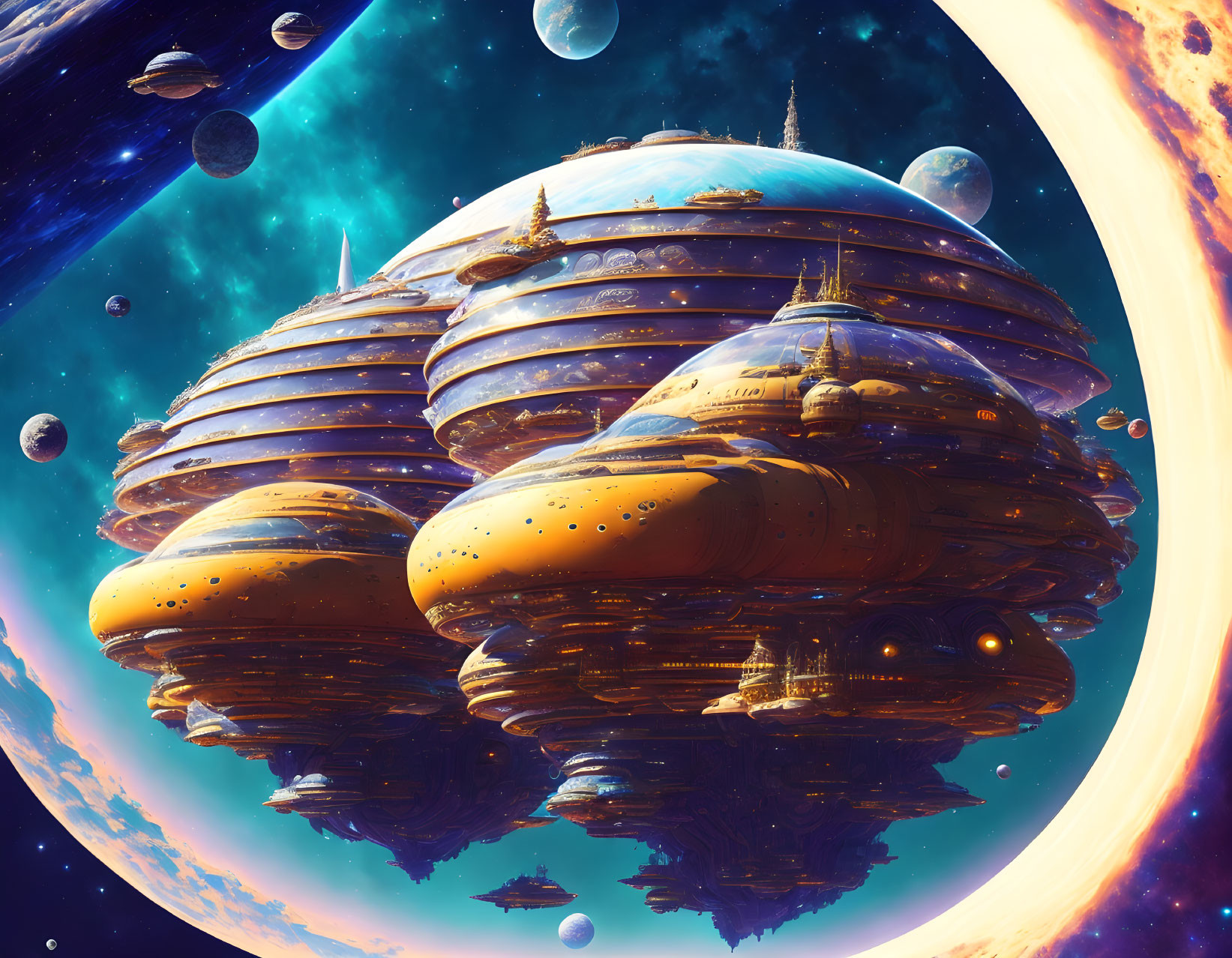 Futuristic sci-fi illustration of floating cities among planets