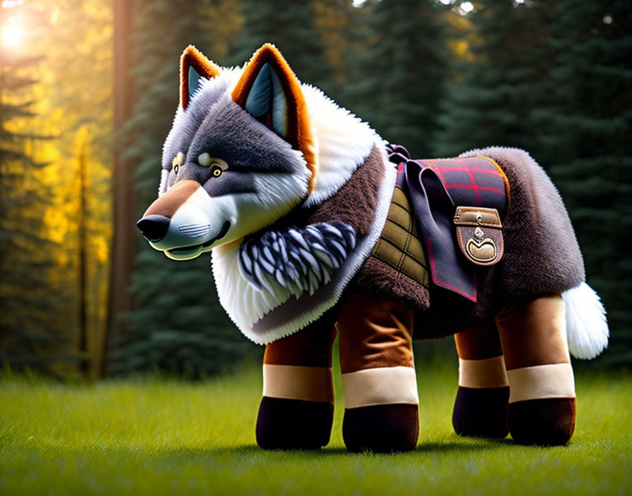 Realistic plush toy wolf with tartan saddlebag in forest clearing