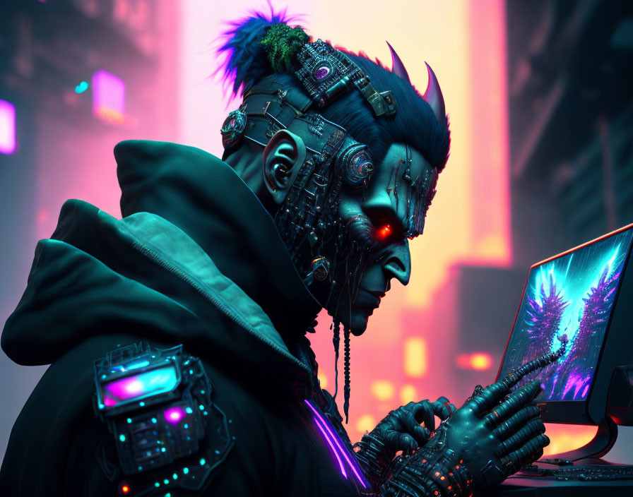 Cybernetic figure with mechanical face and neon visor in futuristic setting.