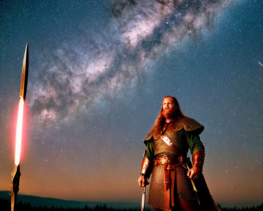 Fantasy character in Viking attire under starry sky with flaming spear.