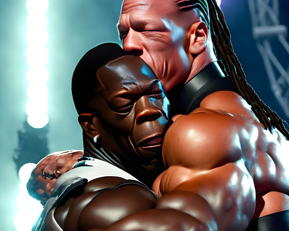 Muscular wrestlers in intense fight under dramatic lighting