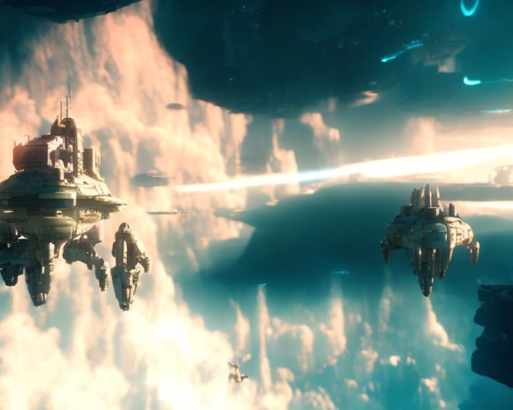 Futuristic spaceships in epic space battle above cloudy planet