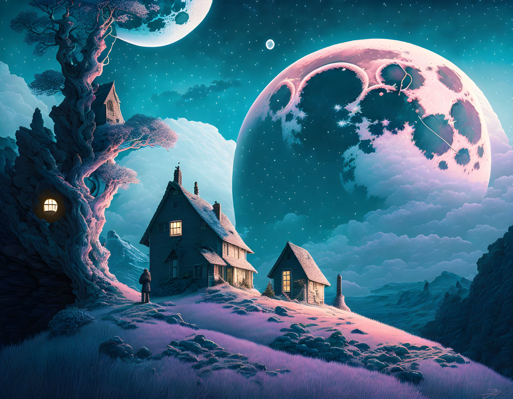 Fantasy Night Landscape with Moon, Stars, and Quaint Houses