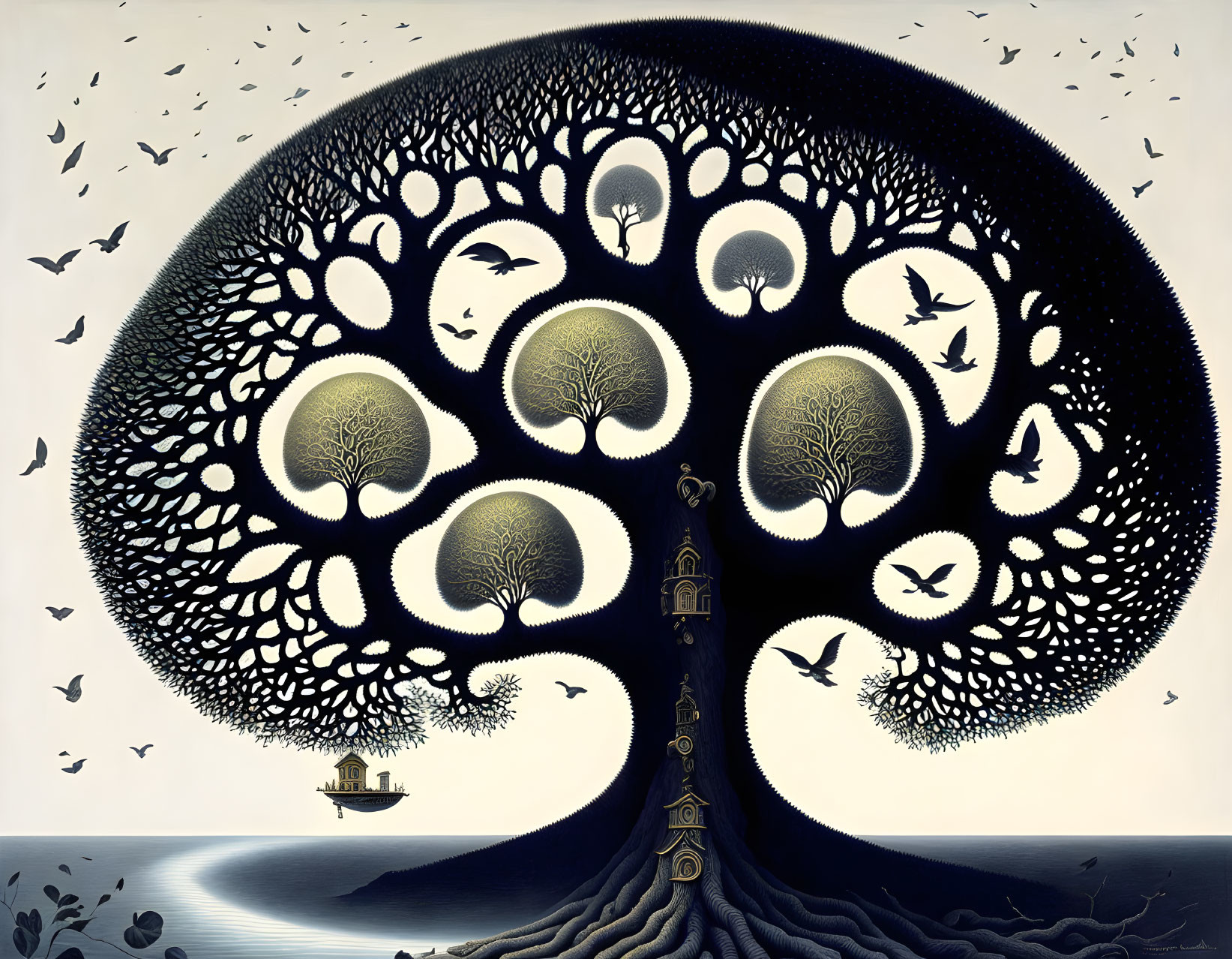 Surreal tree illustration with circular canopy of faces, birds, and ship seascape