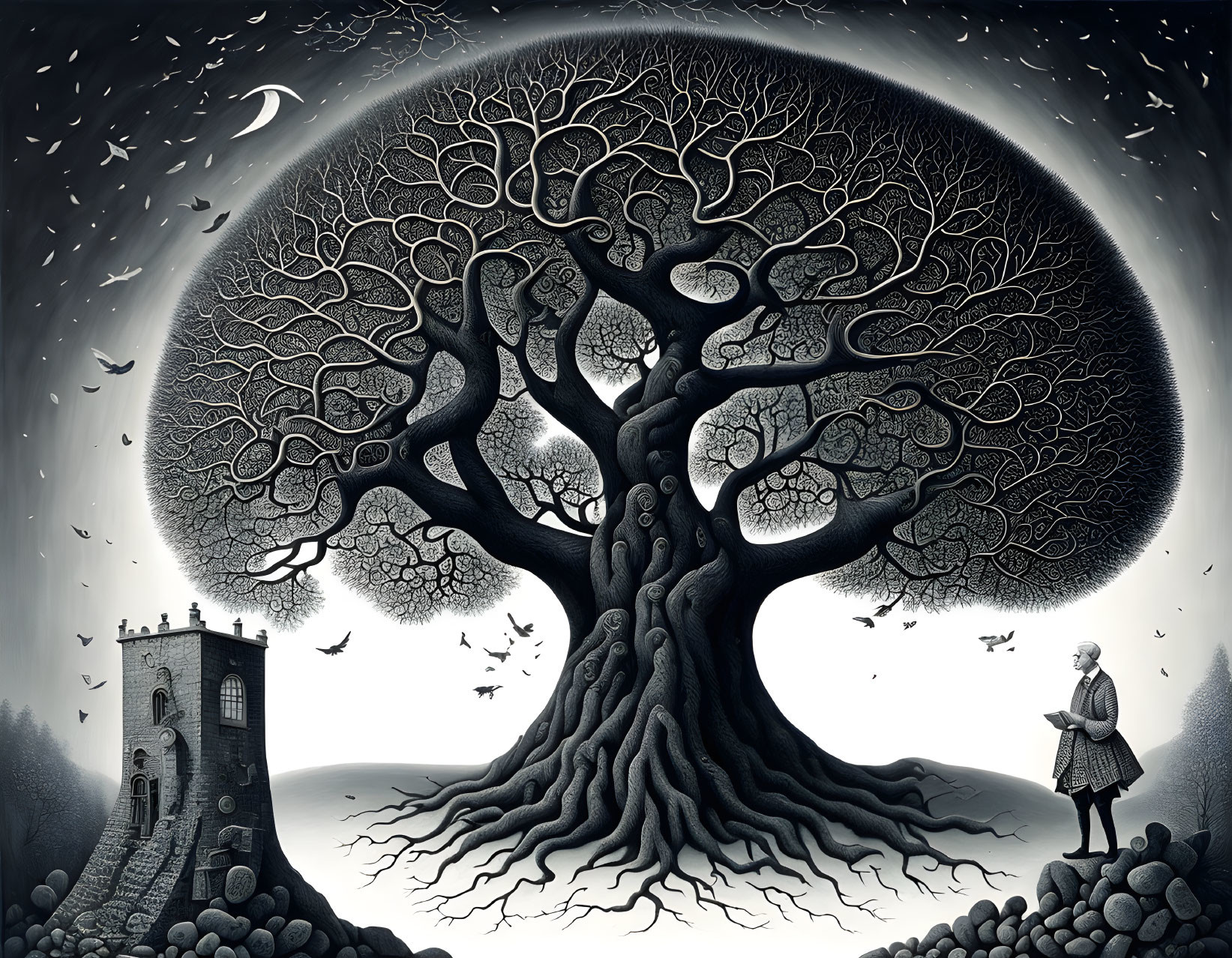 Monochrome illustration of giant tree, person, birds, tower, crescent moon