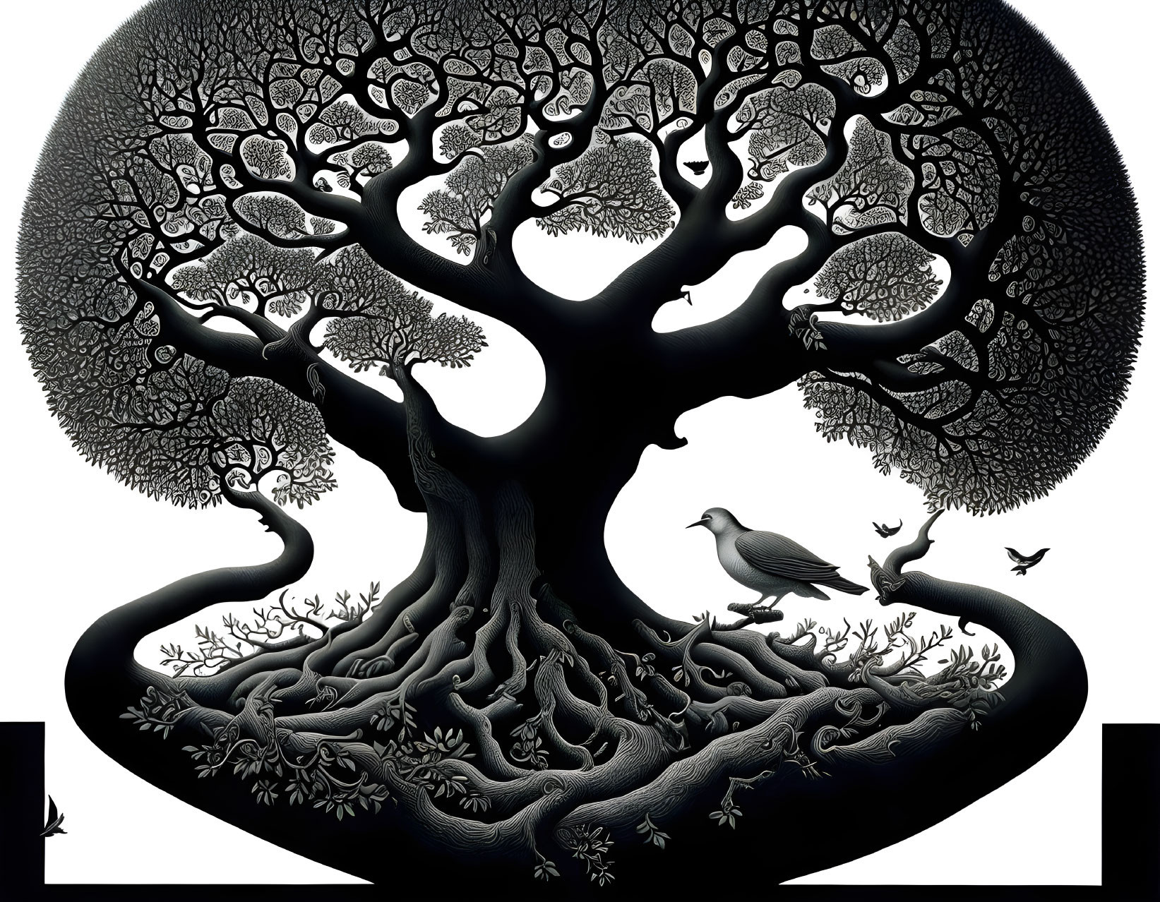 Detailed Monochromatic Tree Illustration with Birds Silhouettes