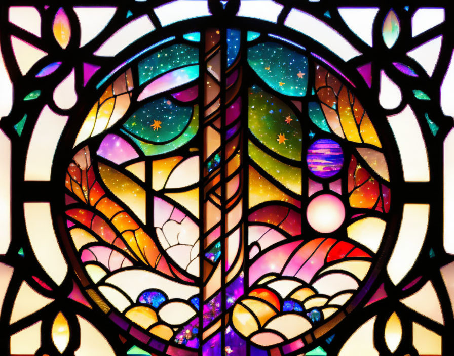 Colorful Stained Glass Window Featuring Cosmic Scene