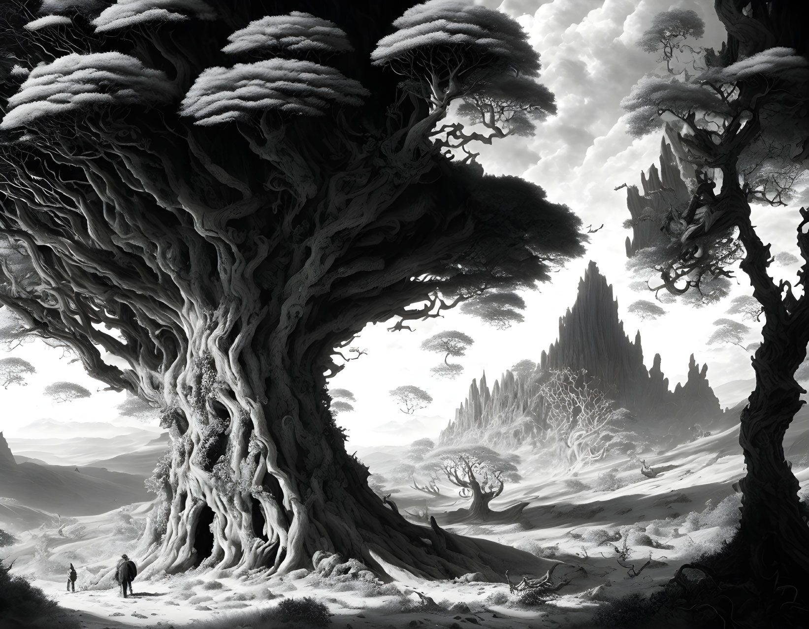 Monochrome fantasy landscape with towering trees and distant castle