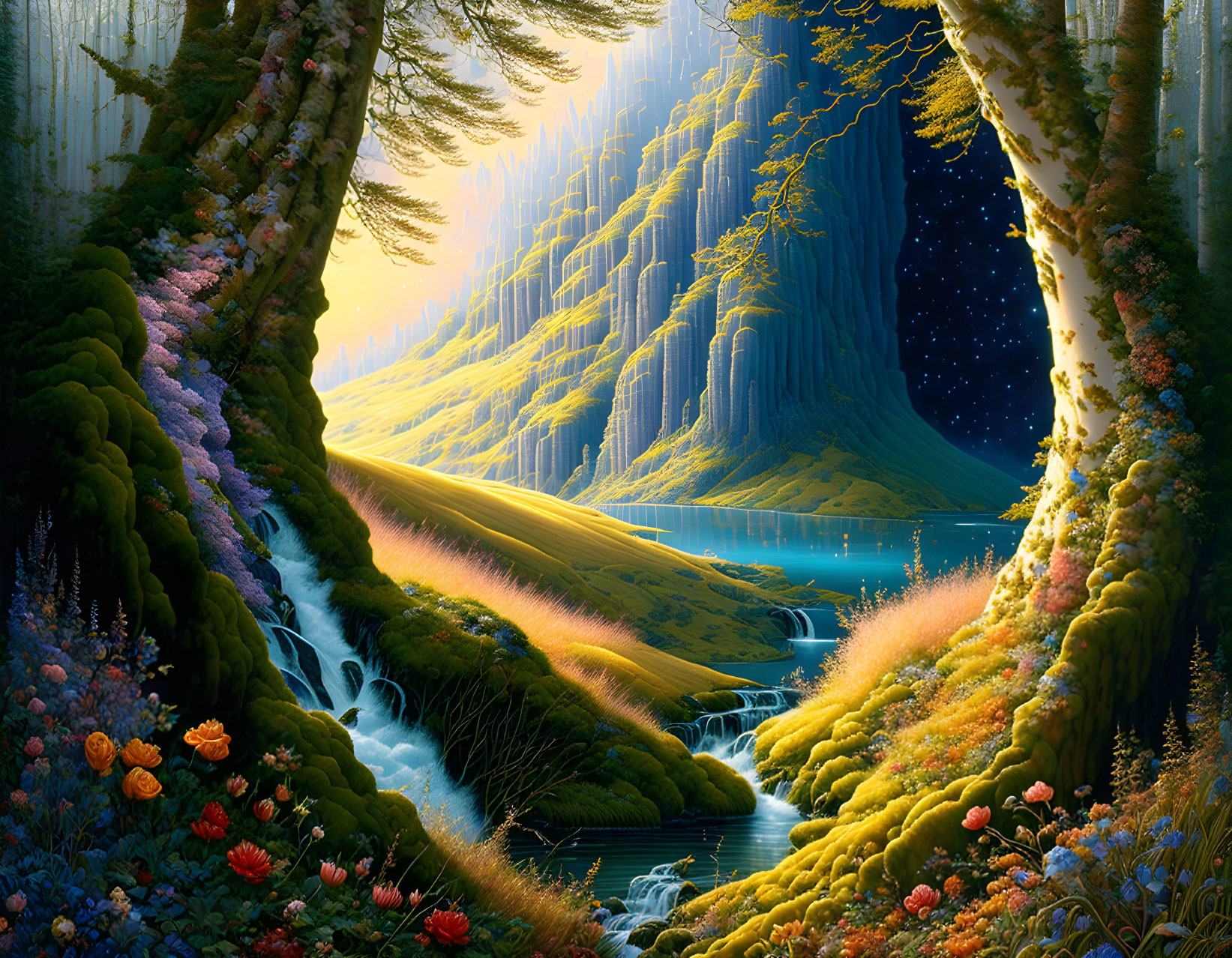 Fantasy landscape with waterfall, river, colorful flora, and starry sky through natural archway