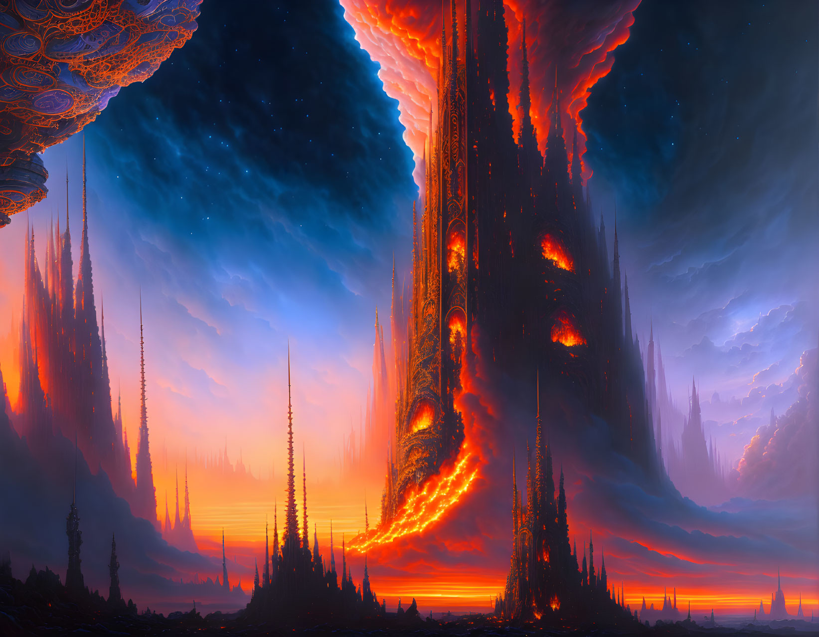 Sci-fi landscape with towering spires and fiery rift in blue and orange.