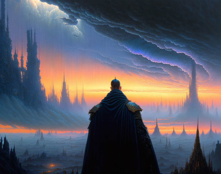 Cloaked figure in alien landscape with dramatic sky.