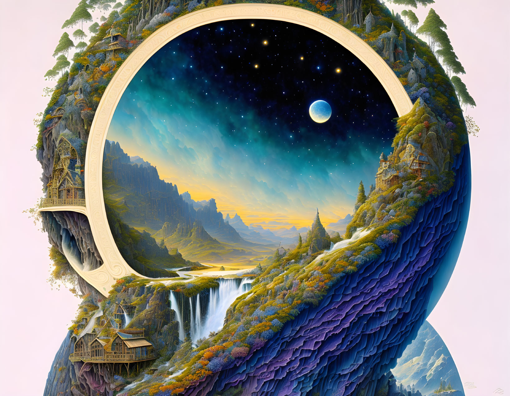 Circular portal in vibrant cliff landscape with waterfalls and buildings