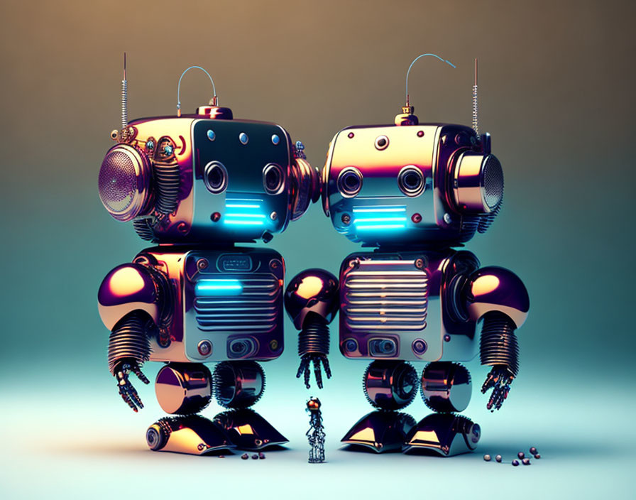 Stylized robots with antenna heads and radio bodies on gradient background