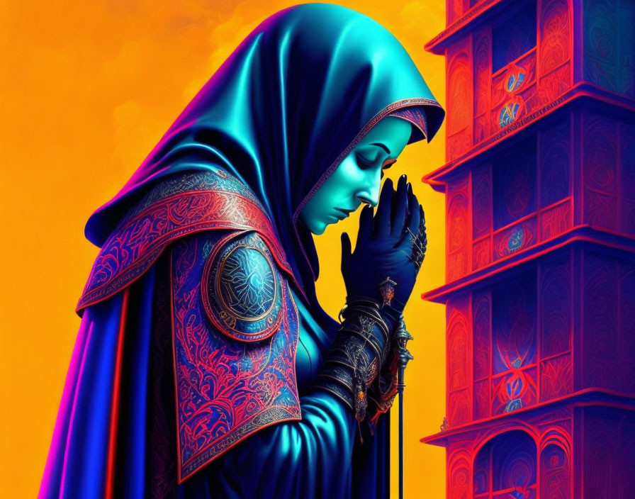 Colorful digital art: Person in blue hijab praying with ornate minaret in orange sky