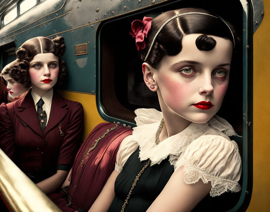 Vintage-inspired makeup and fashion on three women in a classic train carriage