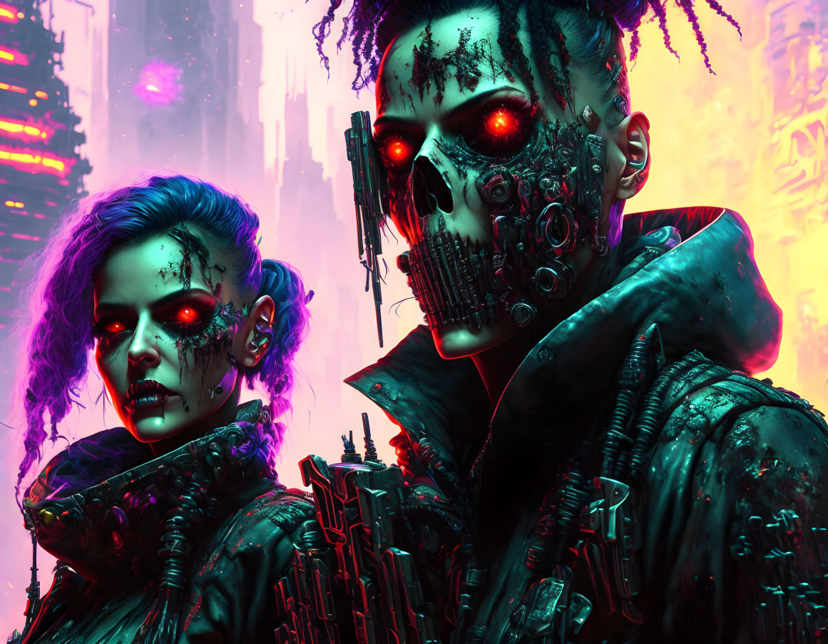 Cyborgs with Skull-like Features in Neon-lit Cityscape