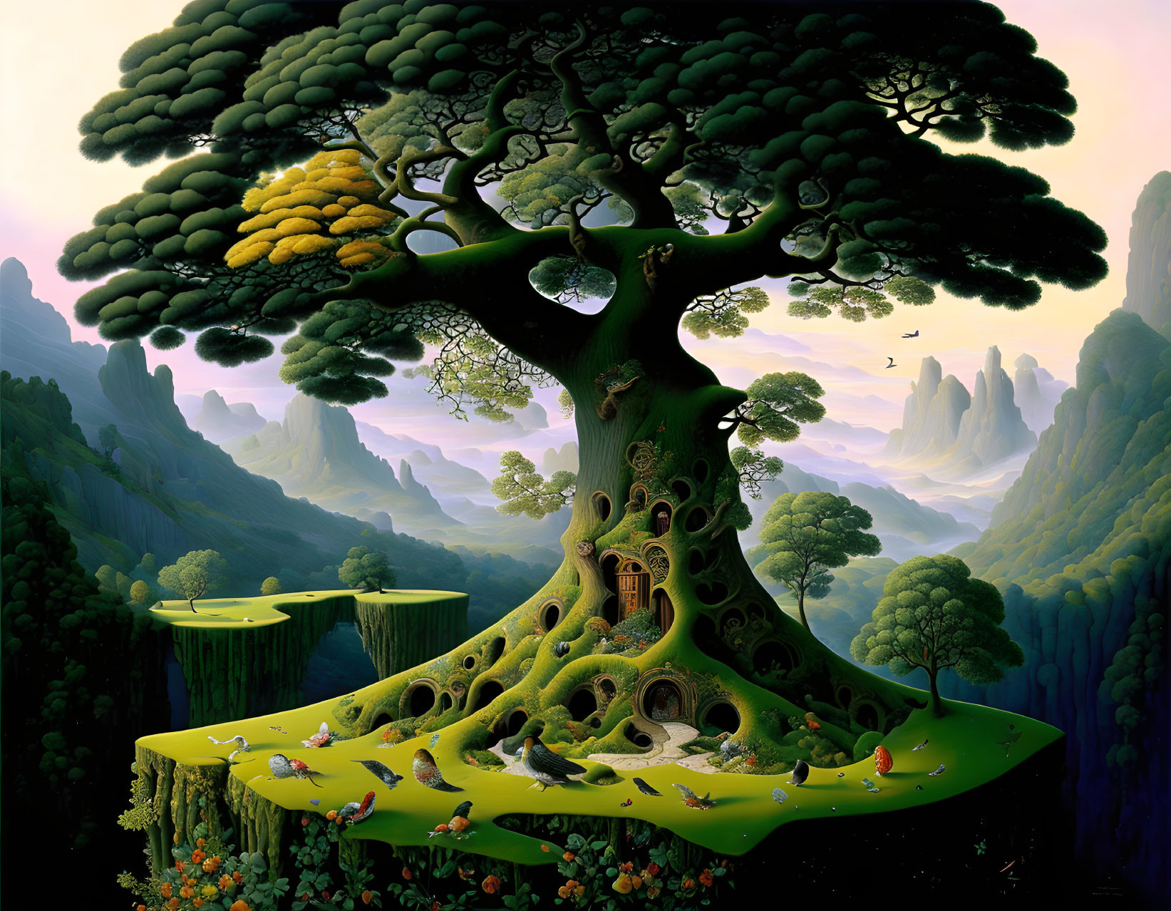 Whimsical painting of giant tree with door and floating islands