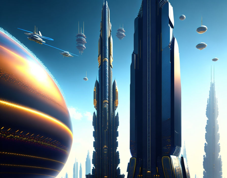 Futuristic cityscape with skyscrapers, flying vehicles, and large sphere