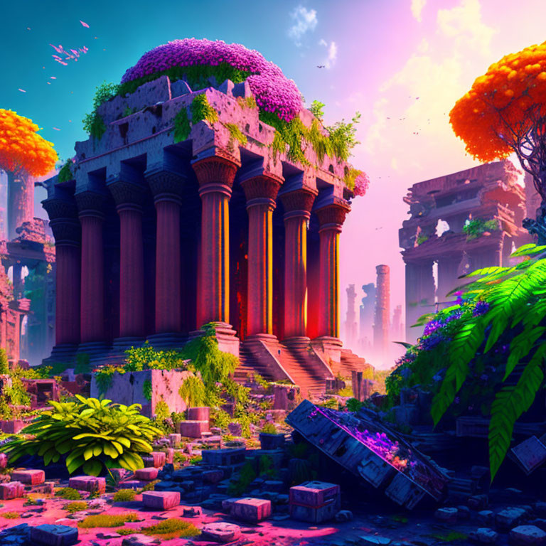 Ancient ruins with overgrown foliage and dome structure under pink sky