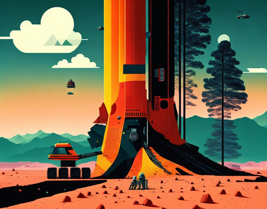 Futuristic landscape with rocket, astronauts, and flying vehicles