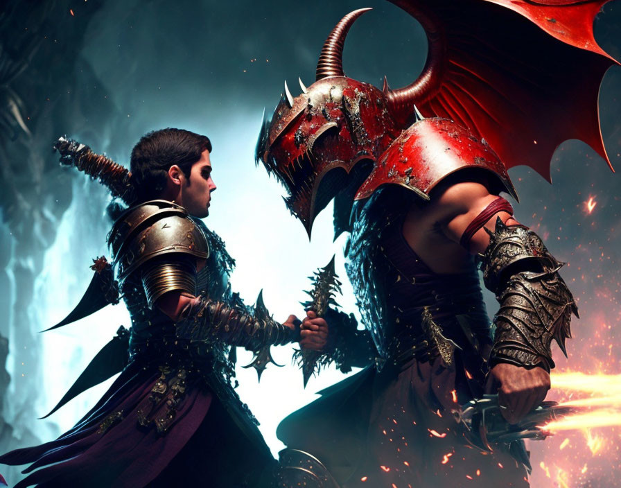 Armored fantasy characters in battle with dragon helmet and red armor, sword, fiery backdrop