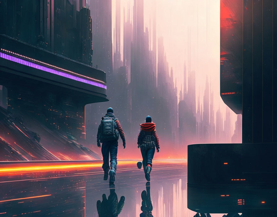 Two people walking towards a futuristic cityscape with towering buildings and neon lights at dusk