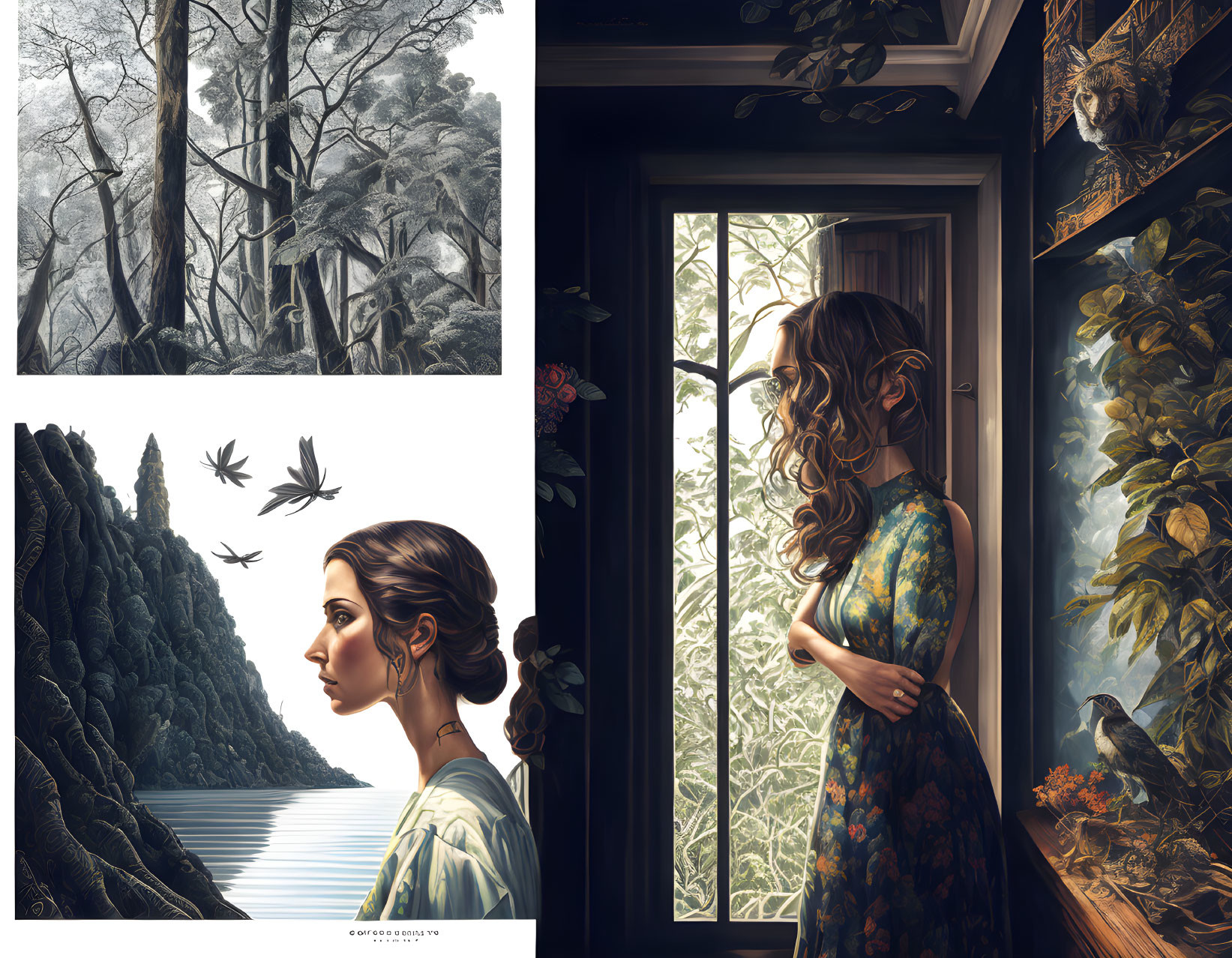 Triptych Illustration: Forest, Woman by Window, Coastal Cliffs