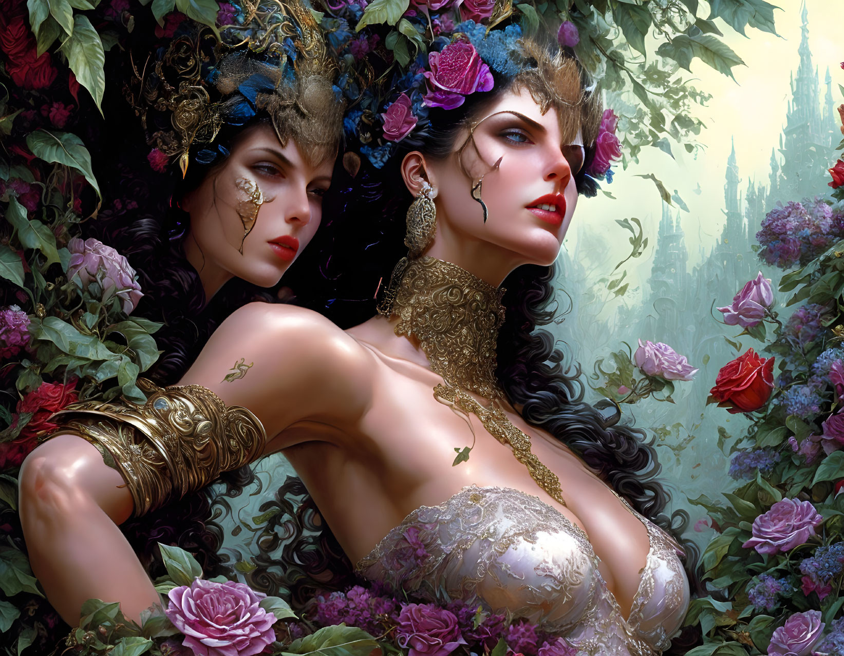 Two women in elaborate headpieces and golden jewelry among roses in a fantastical scene