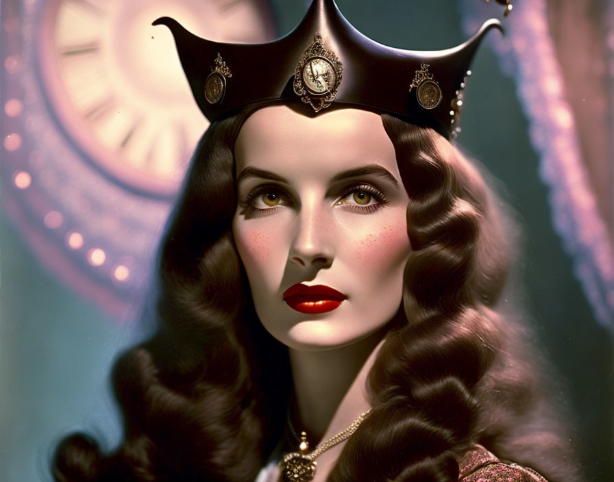 Regal woman with crown and embedded clock, gazing intensely against blurry clock background