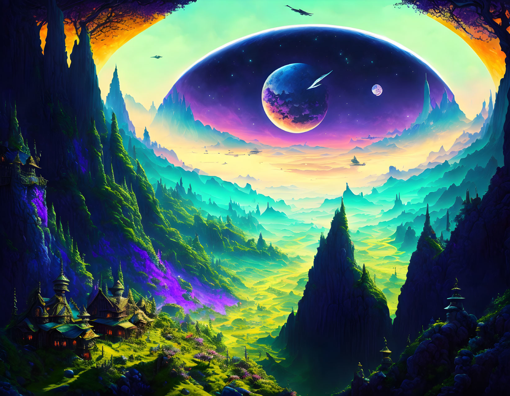 Fantasy landscape with moon, stars, neon plants, whimsical architecture.