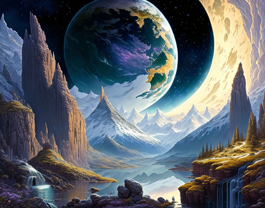 Majestic mountains, waterfalls, and a detailed planet in starry sky