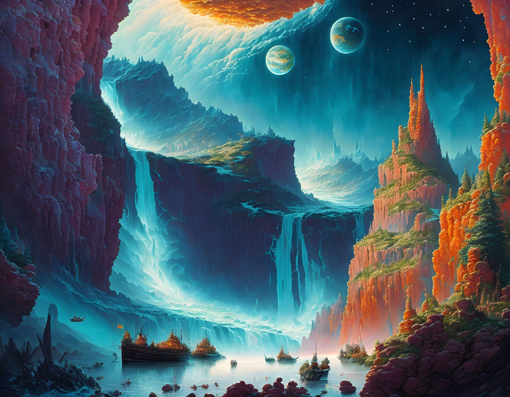 Majestic Waterfalls and Two Moons in Surreal Fantasy Landscape