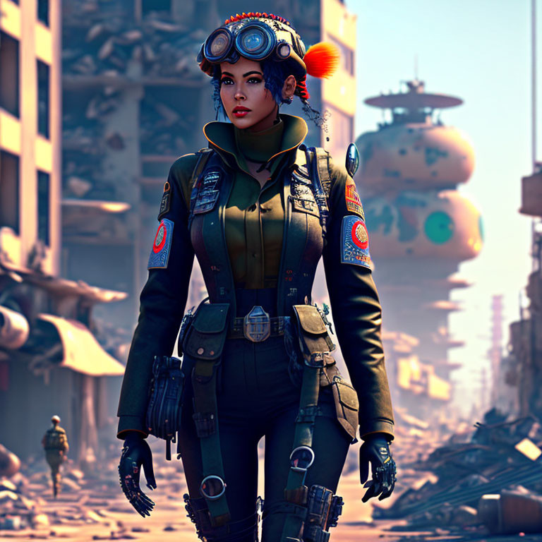 Female character in aviator goggles in futuristic war-torn cityscape uniform.