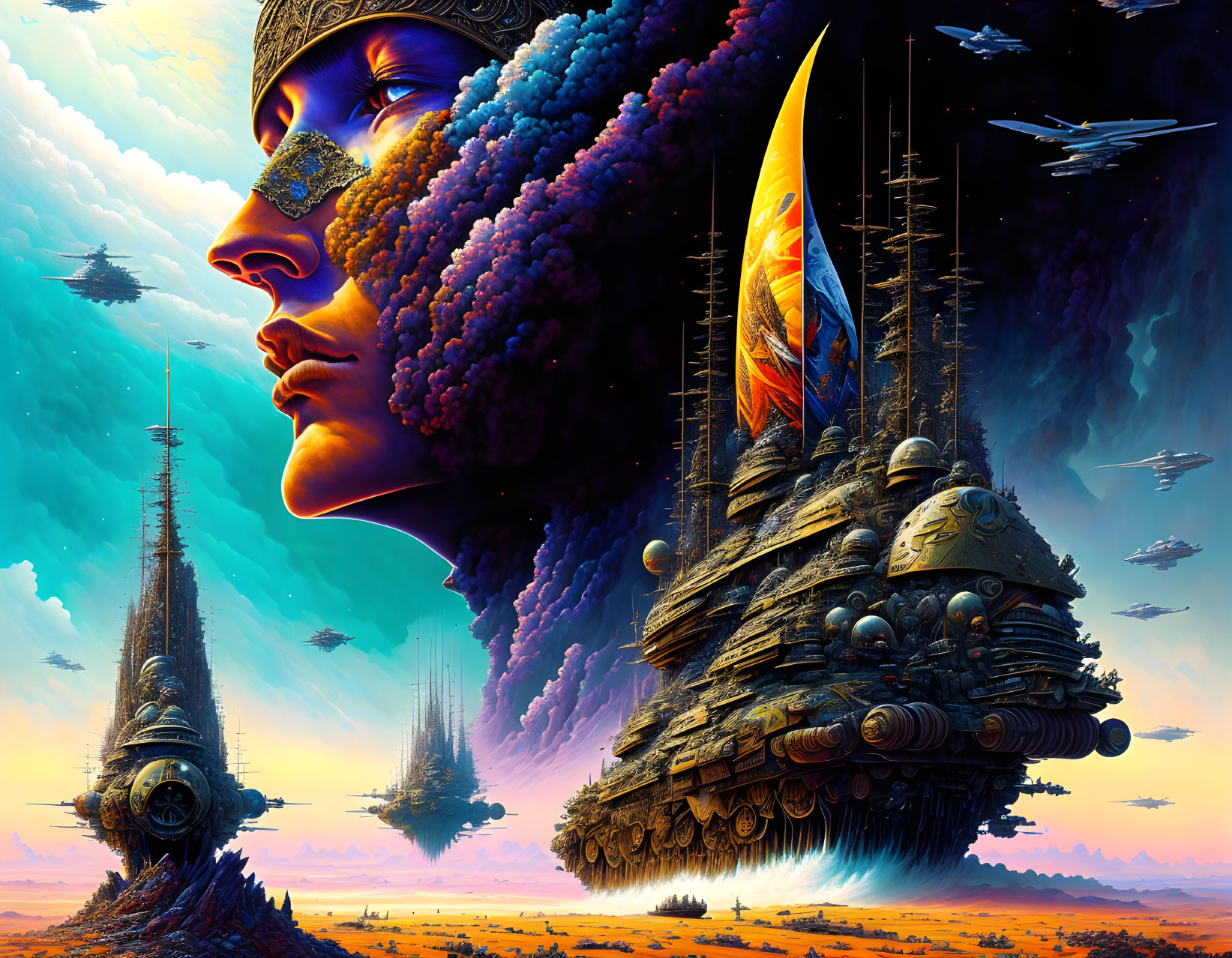 Sci-fi art: Woman's face merges with cosmic landscape and futuristic elements