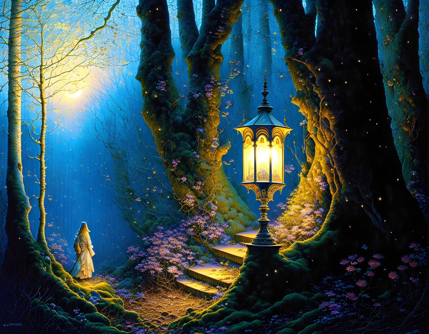 Enchanting twilight forest scene with glowing lantern and girl in white amid blooming flowers