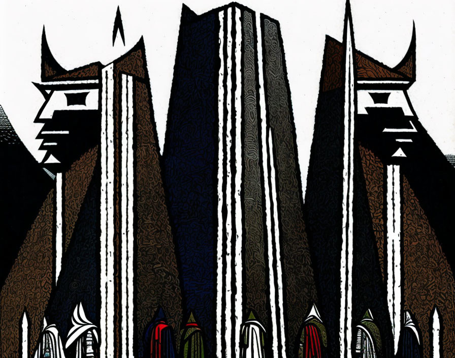 Dark, mysterious figures with pointy hats in stylized illustration