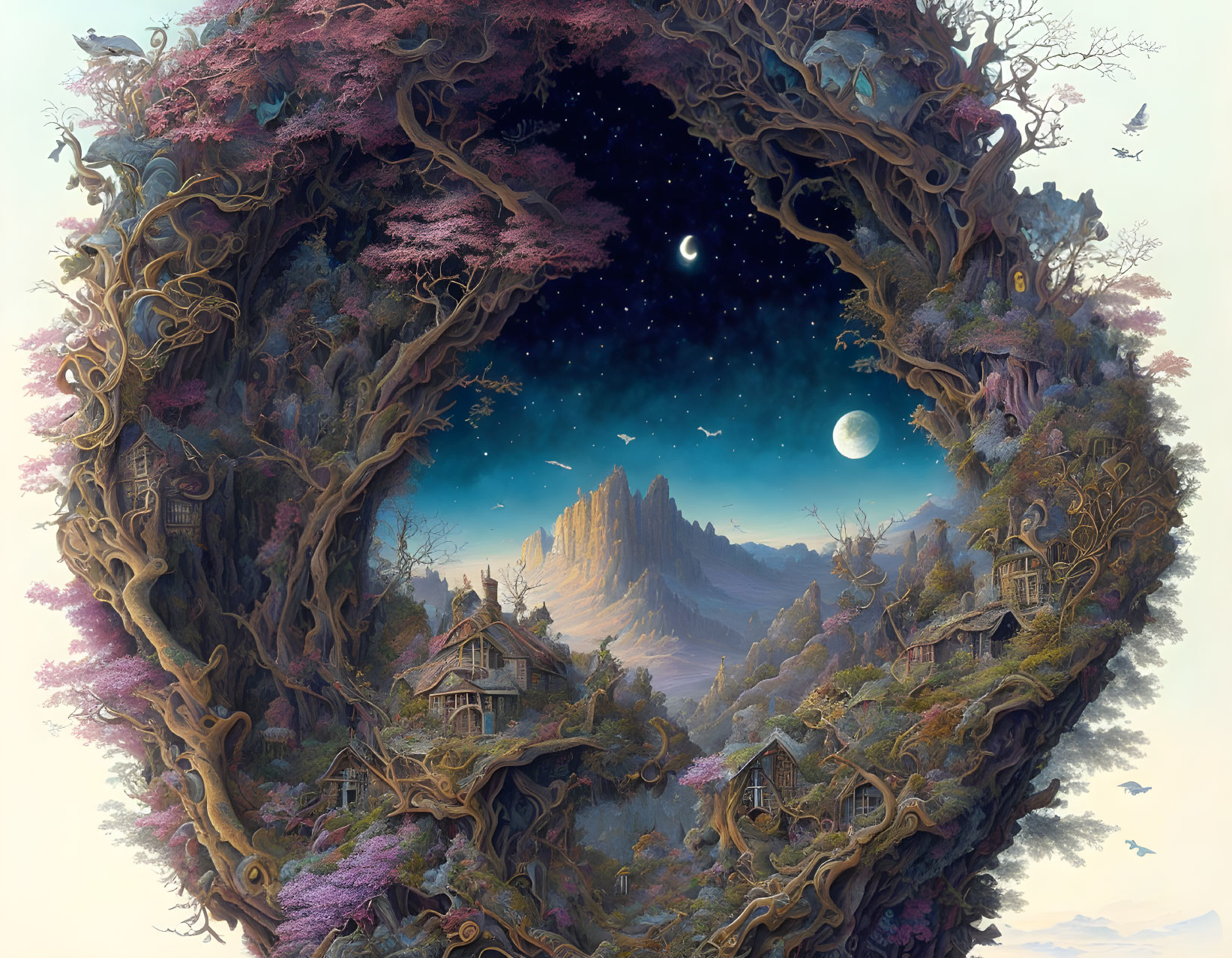 Whimsical circular forest scene with starry night sky and enchanting wooden houses