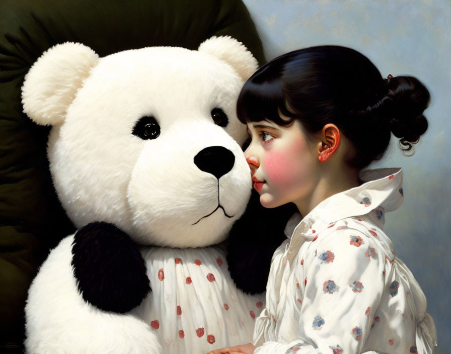 Dark-haired girl in white blouse with red dots and plush teddy bear