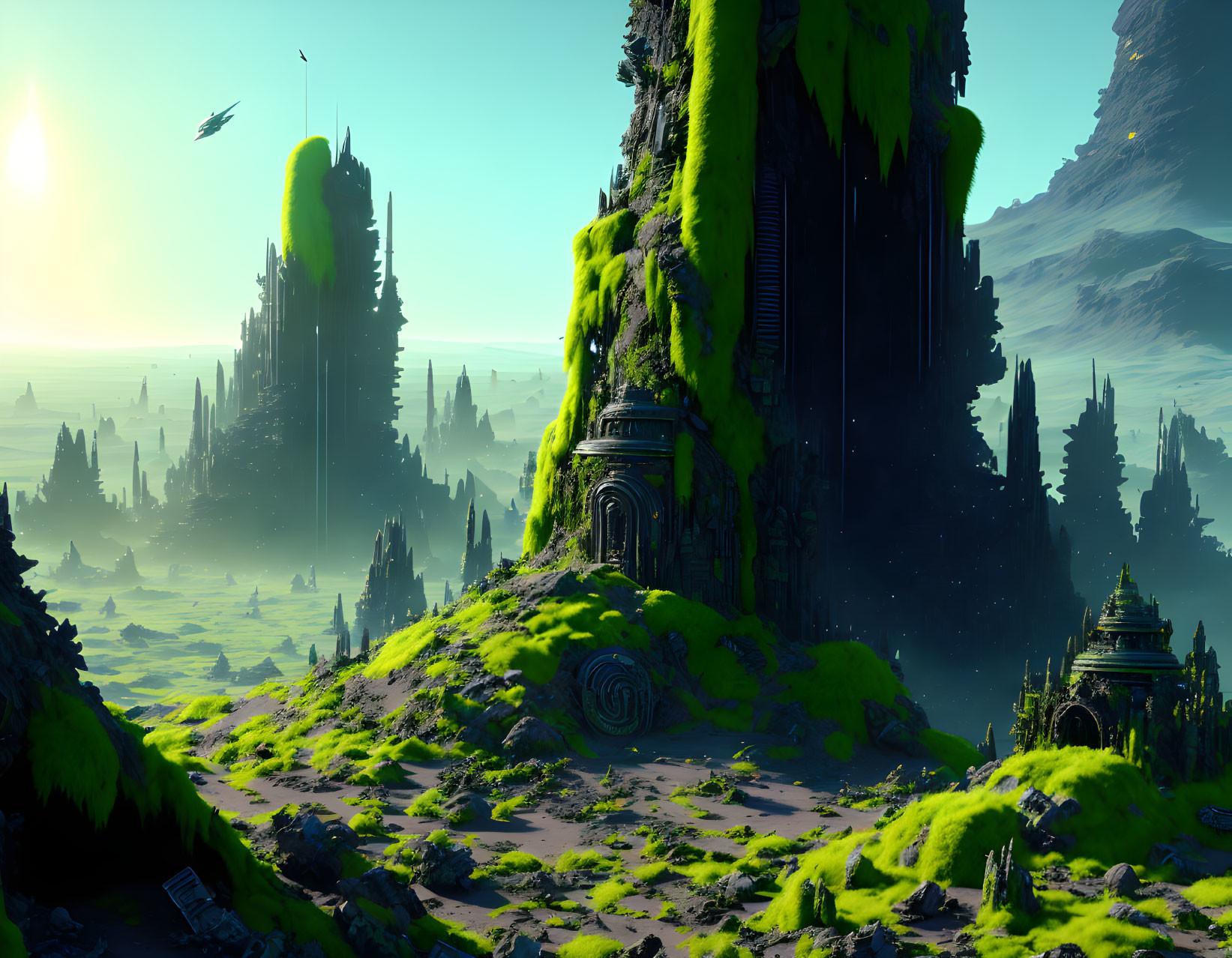 Alien landscape with green structures, ancient ruins, and flying ships