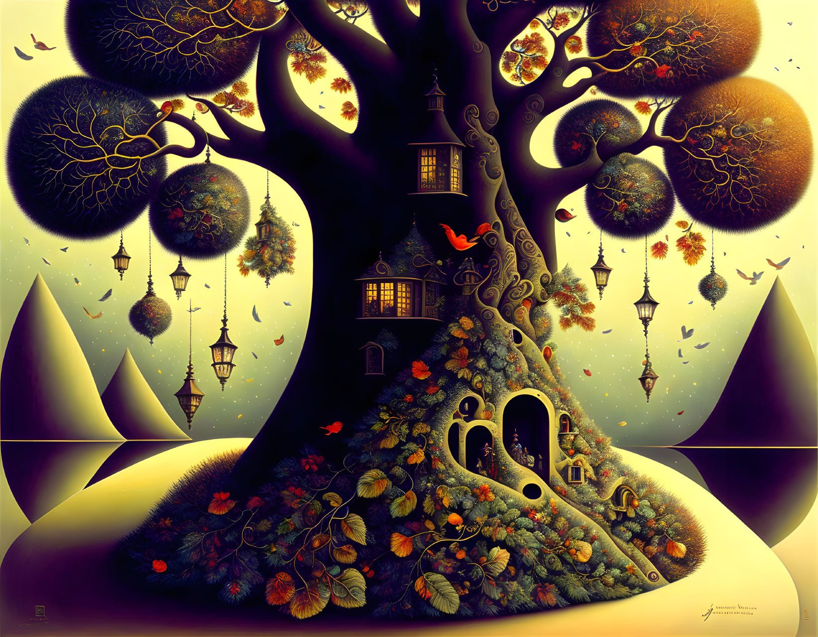 Whimsical artwork of tree with house, lanterns, leaves, mountains under twilight.