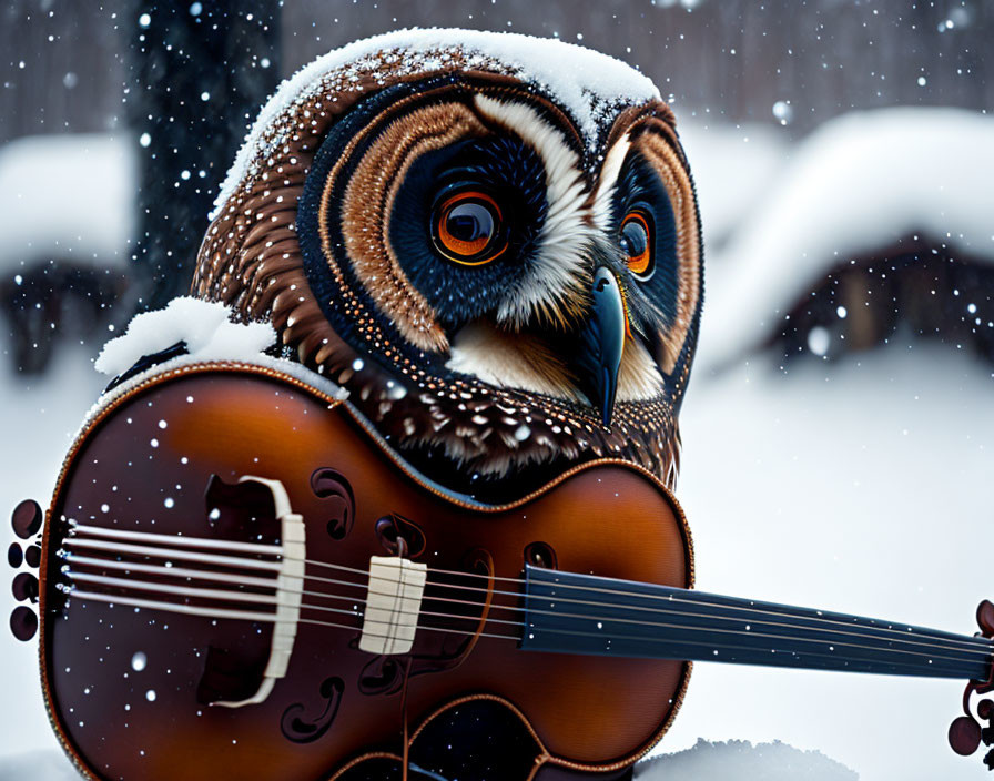 Owl with Orange Eyes on Cello in Snowy Scene