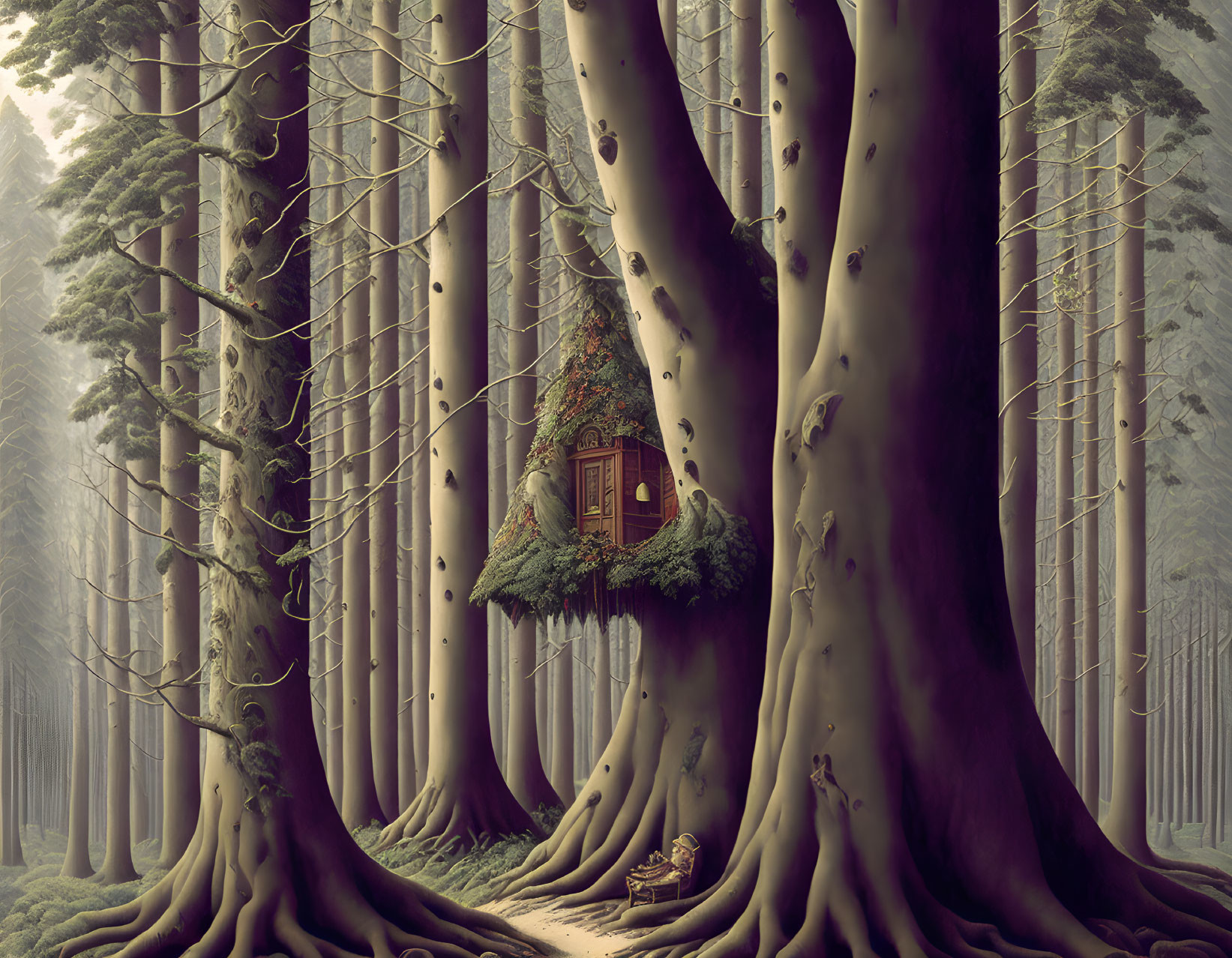 Whimsical treehouse in misty forest with pale-barked trees