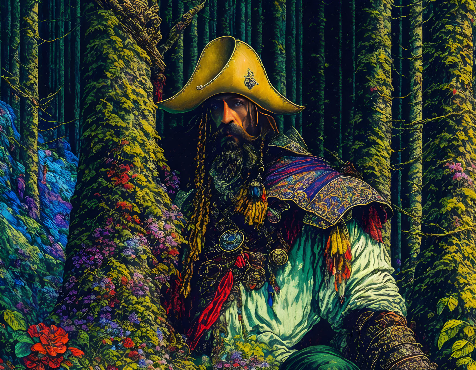 Colorful painting of bearded pirate in tricorn hat among lush floral forest