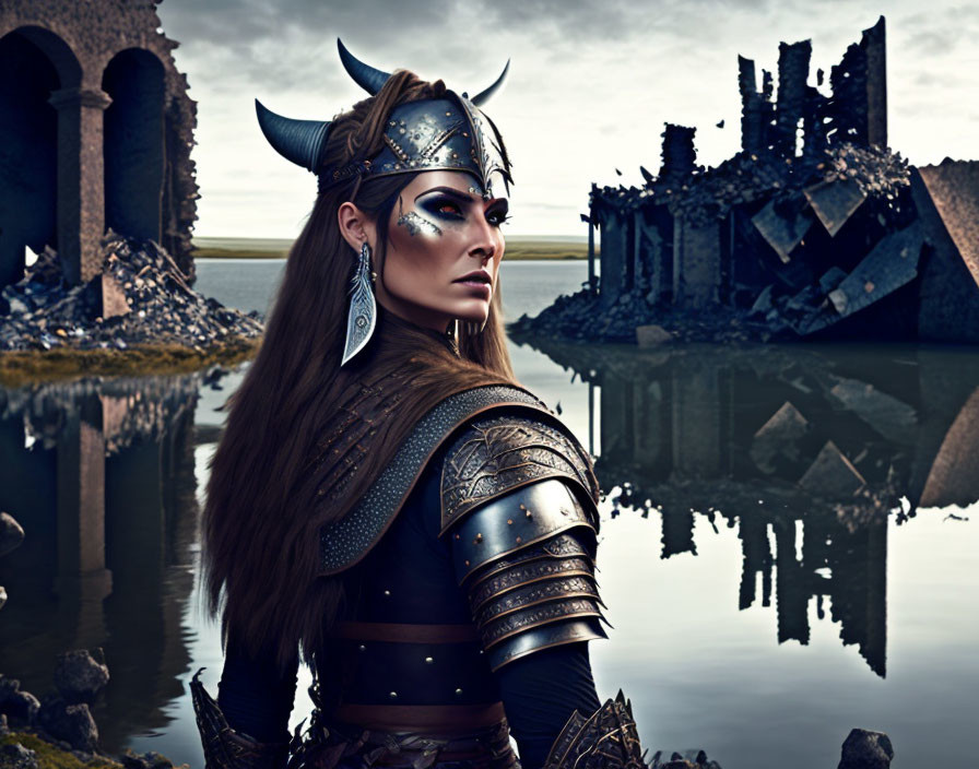 Female warrior in Viking armor by calm water and ruins under cloudy sky