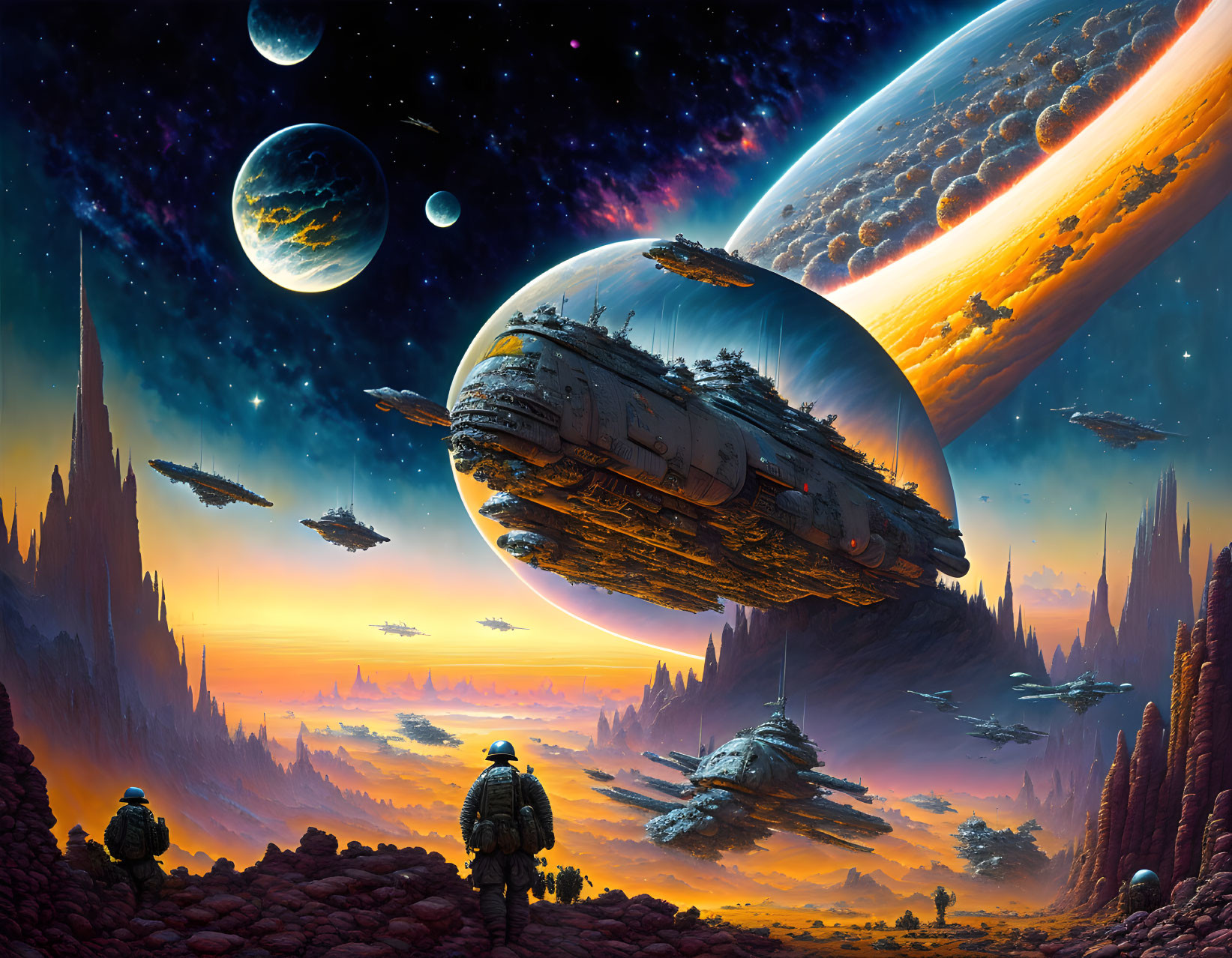 Futuristic sci-fi landscape with spaceships, astronauts, and celestial elements