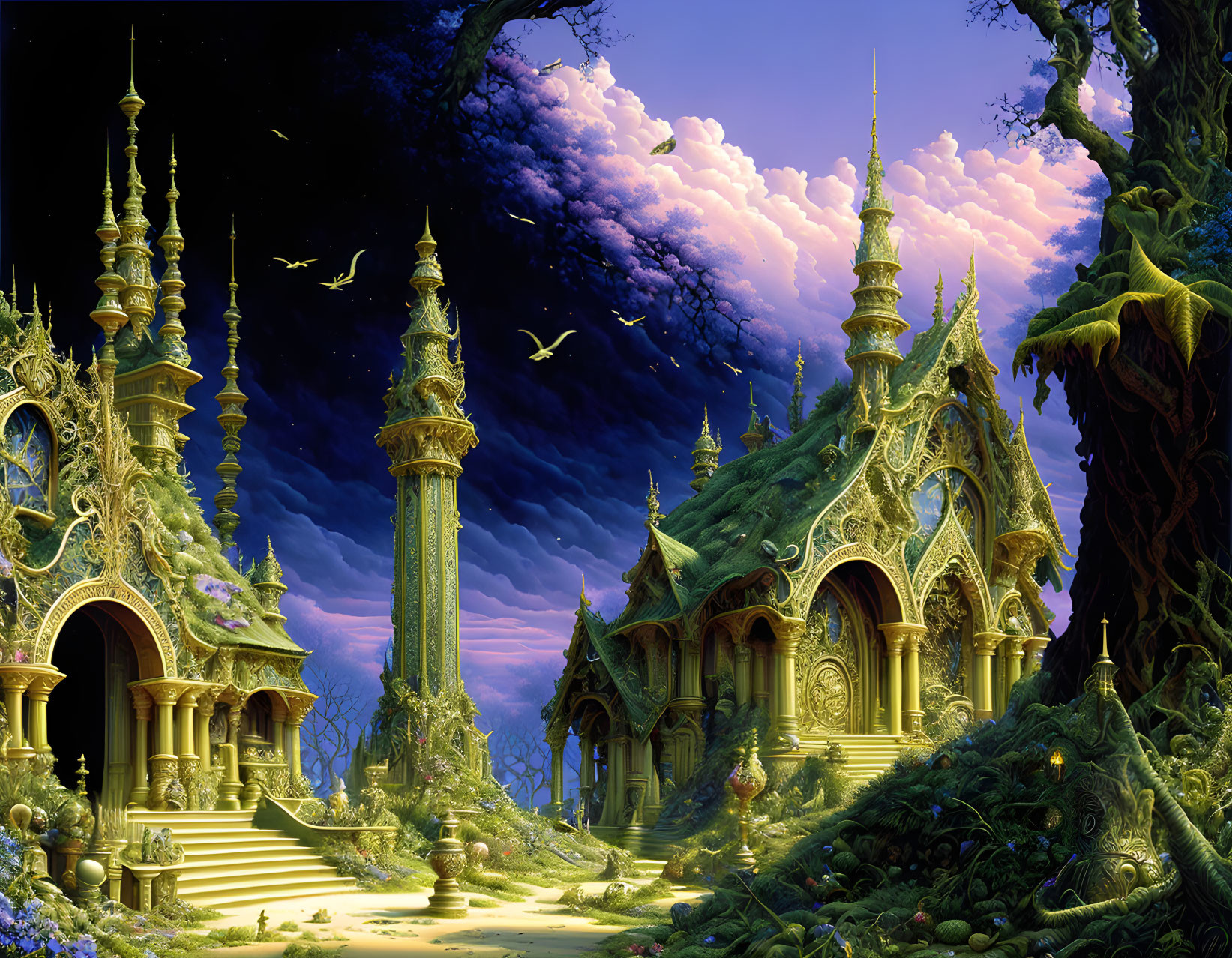 Fantasy landscape with golden structures, lush greenery, birds, and purple twilight sky